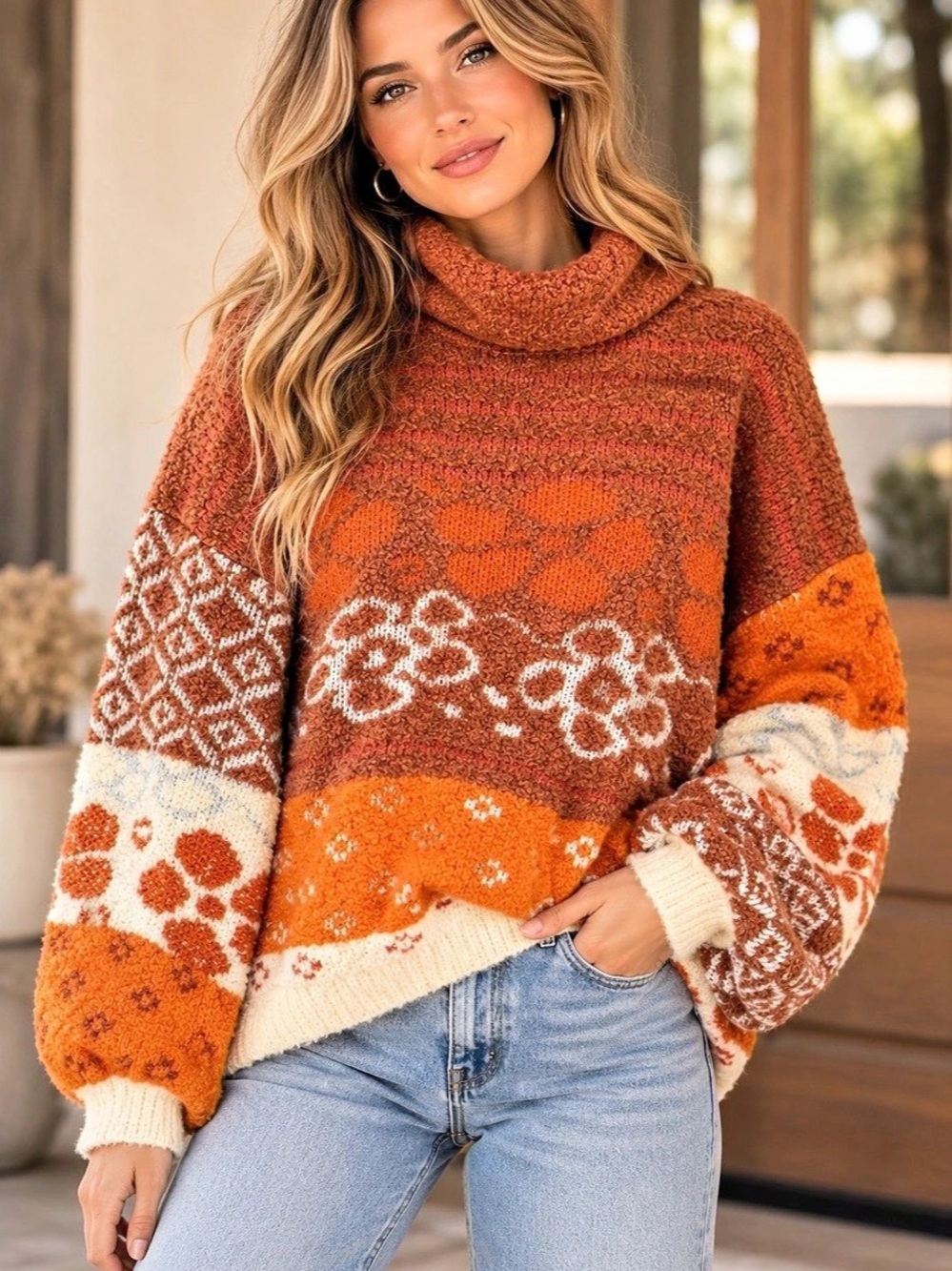 Color Block Cowl Neck Sweater in Orange 🍂